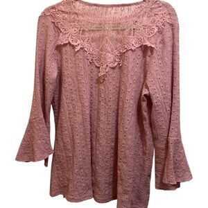 Women's XL Pink Floral Lace Blouse 3/4 Bell Sleeves